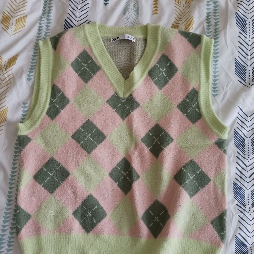 Argyle Sweater Vest Pastel Pinks and Greens